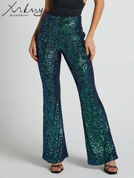 MiuKoMiYa Green Flared Sequin Pants Women Autumn 2023 High Waist Wide Leg Loose Trousers Sequin Pants For Women Long