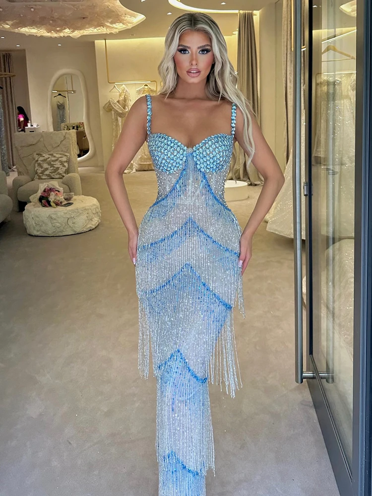 VC Crystal Tassels Long Dress Beaded Bodice Spaghetti Straps Rhinestone Chains Sequins Maxi Celebrity Cocktail Evening Gowns