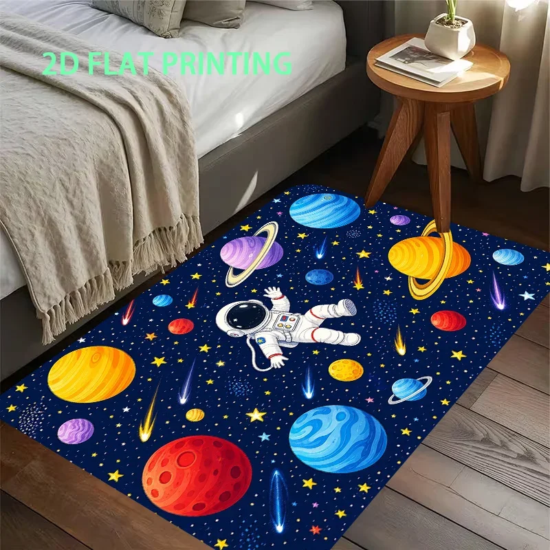 1pc, 2D Flat Printing, Space-Themed Cartoon Floor Mat with Astronaut and Planet Pattern, Non-Slip Machine Washable Easy-to-Cle