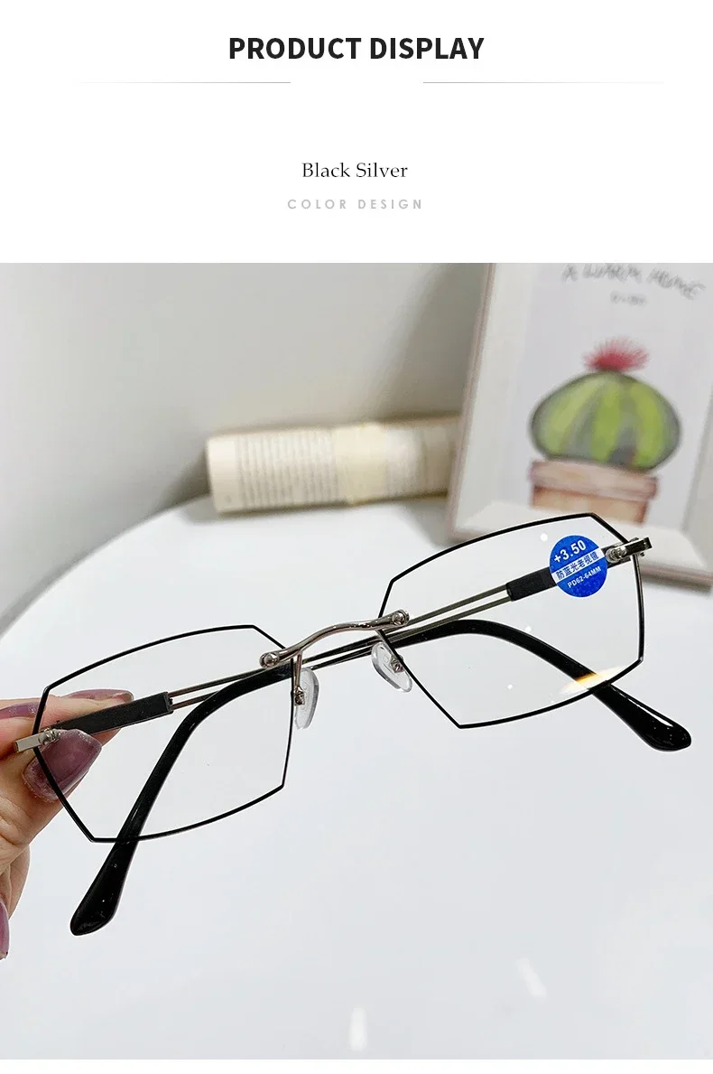 Randlose Lesebrille für Damen, Anti-Blaulicht-Schnittkante, mittleres Alter und ältere Menschen, modische Brillen für Herren – Detail 7