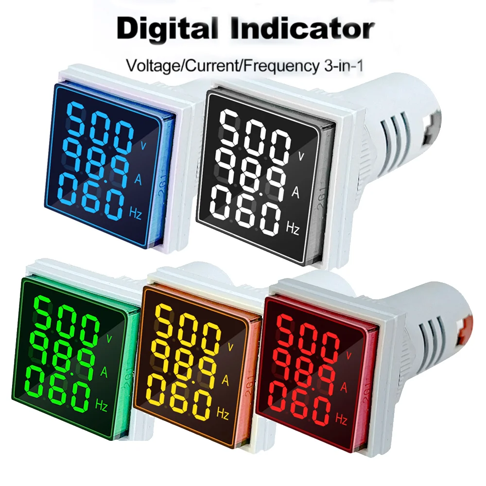 Three-Digit Display AC Current Voltage Frequency 3-in1 Indicator 22mm Square Head LED Measuring Monitor AC60-500V 0-100A 20-75Hz