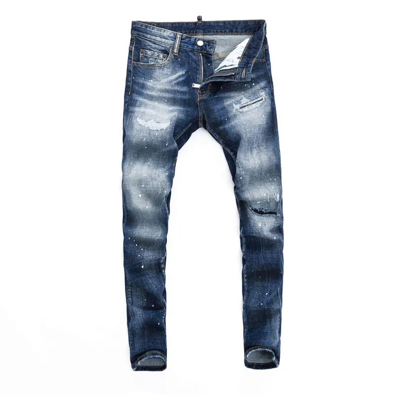 Street Fashion Men Jeans High Quality Retro Blue Stretch Slim Fit Ripped Jeans Men Painted Designer Brand Vintage Denim Pants