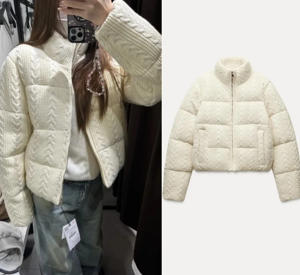 

Winter New Women Fresh Elegant White Turtleneck Knitted Jacket Thick Cotton Warm Bread Coat Casual Chic Outerwear