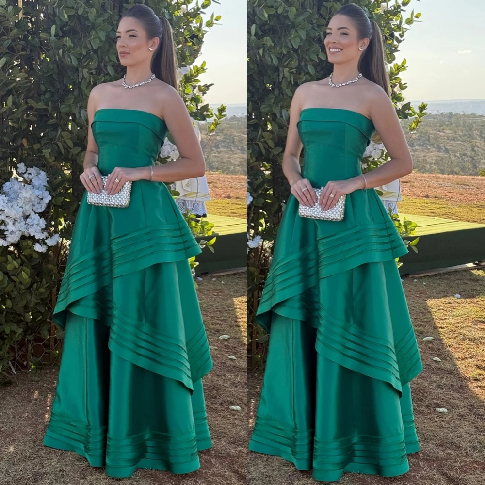 Customized Fashion Satin Strapless Evening Dress Delicate Sleeveless Prom Dresses Temperament Tiered Special Occasion Gowns