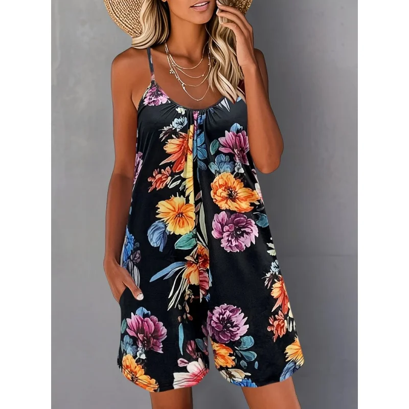 

Летний новый европейский и американский женский повседневный модный комбинезон с открытыми плечами и тропическим принтом