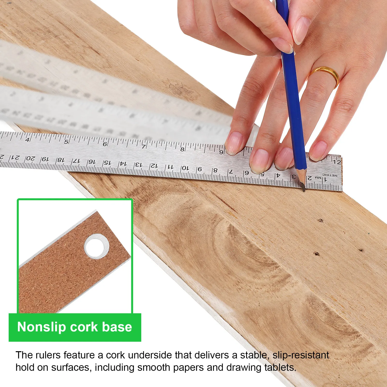 Stainless Steel Ruler Set 2 Piece 15cm 30cm Dual Scale Inch Metric Cork Back Non Slip Measuring Tool Students