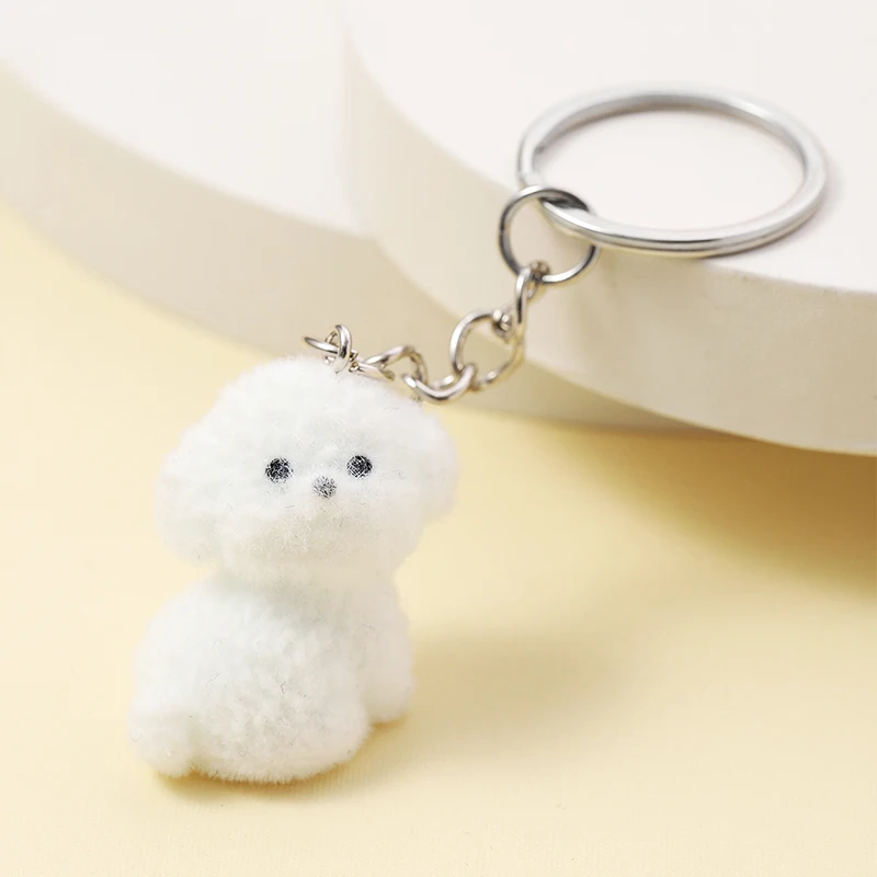 Mini 3D Cartoon Flocking White Dog Keychain Cute Flocked Puppy Animal Keyring Bag Pendant Backpack Charm Home Decor Party Gift