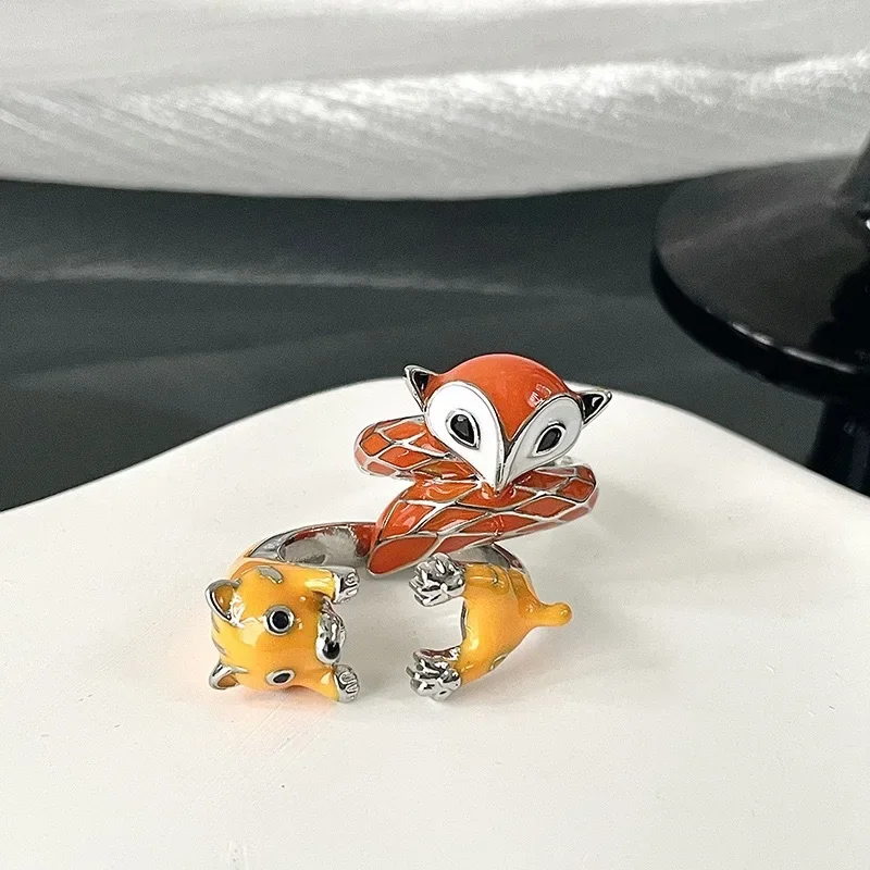 Bohemia Cute Red Enamel Cartoon Fox Opening Couple Rings for Women Charm Design Animal Dog Finger Jewelry Accessories Party Gift