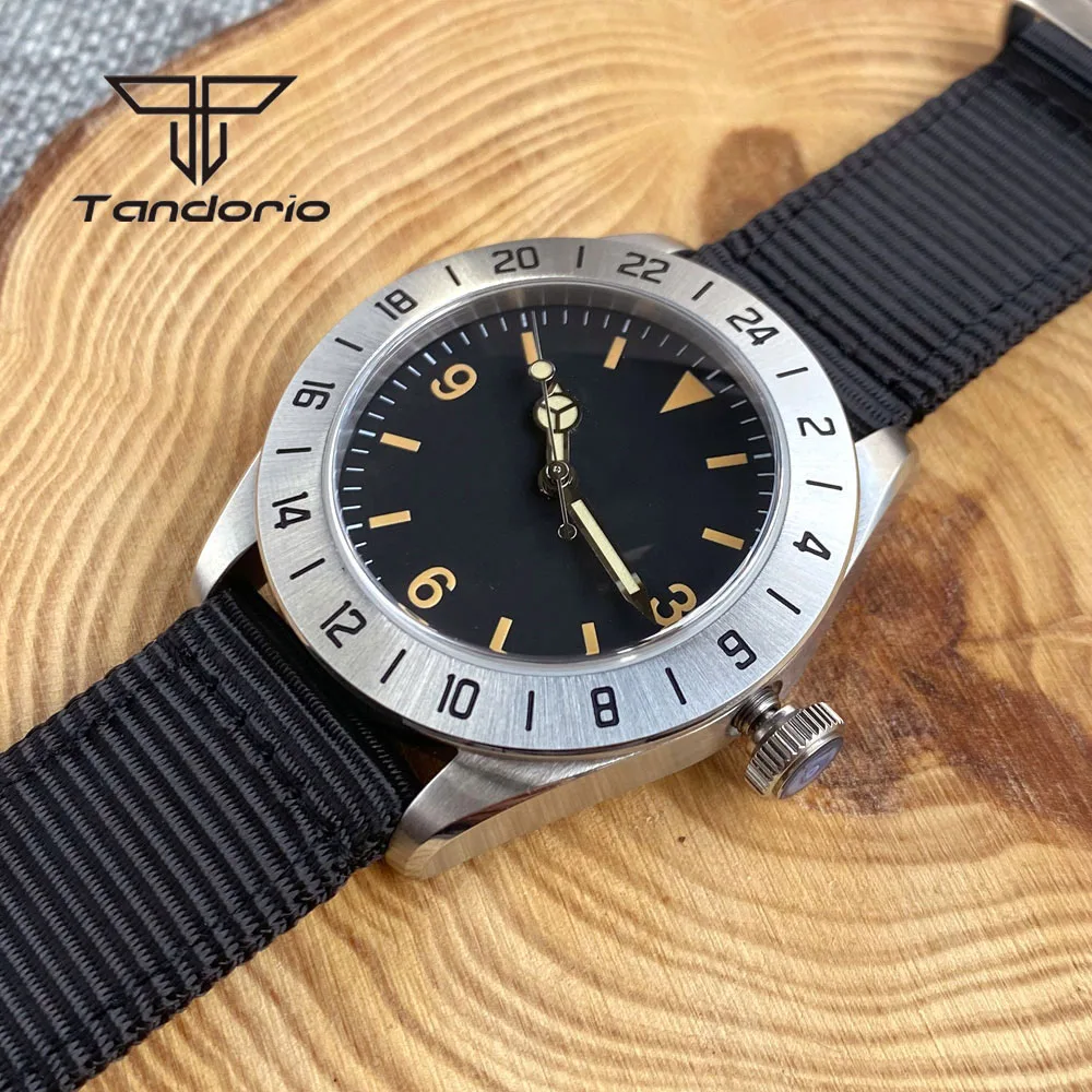 Tandorio 39mm Vintage Automatic Men\'s Watch Luminous NH35A PT5000 Mechanical Wristwatch Domed Sapphire Crystal Fixed Bezel