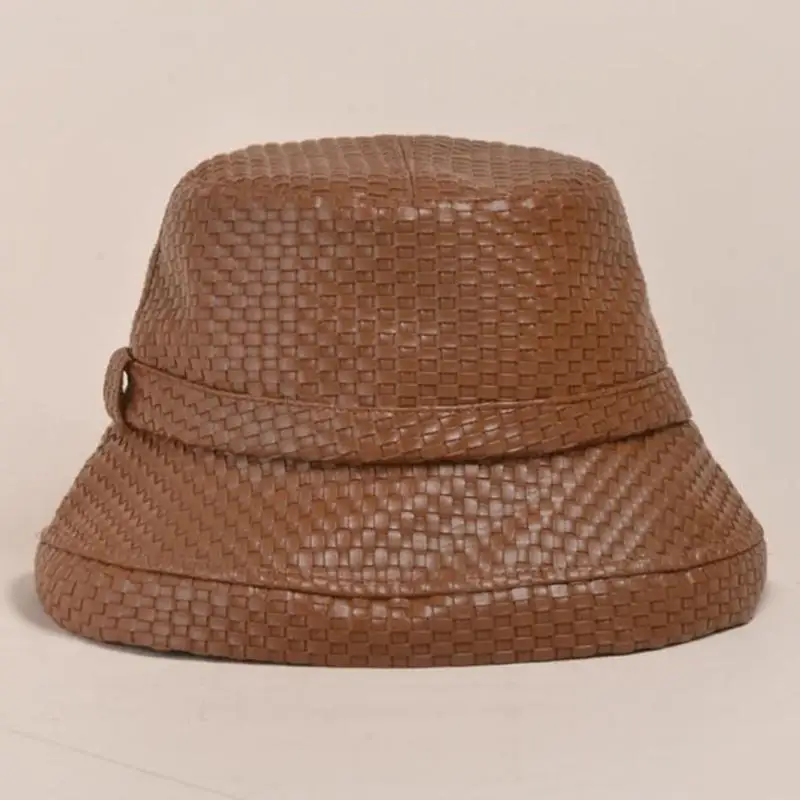 R1WE النمط الياباني المرأة خمر تقليد الجلود قبعة بحافة المنسوجة منقوشة بلون واسعة حافة واقية من الشمس الشتاء الخريف البانانا