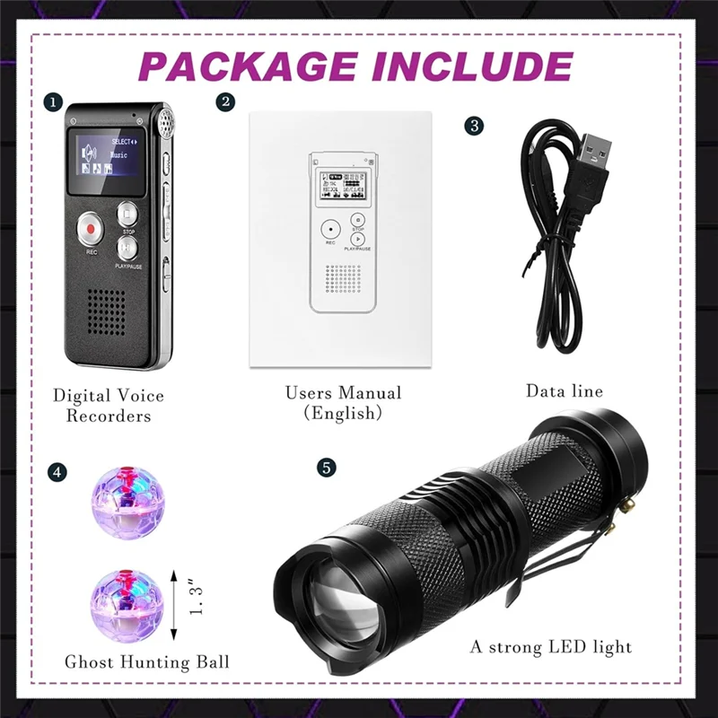 Kit de equipo paramanormal A76K, 4 Uds., 1 luz, linterna de visión nocturna, 1 grabadora de voz, 2 luces LED, bolas para gatos y mascotas