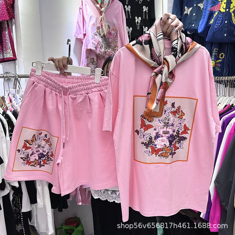 2026 New Summer Women Two-piece Diamonds Butterfly Printed Short Sleeve T-shirt Top + Elastic Waist Wide Leg A-line Shorts