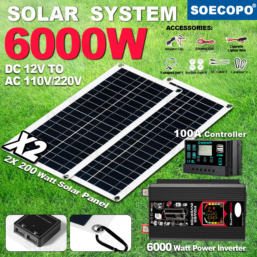 

SOECOPO 6000W Solar System Kit 2*200W Solar Panels DC 12V To AC 110V/220V Inverter USB 5V 100A Controller Camping Home