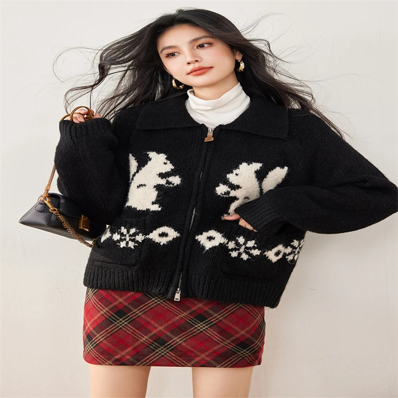 ADAgirl Kawaii Squirrel Graphic Women Cardigan Oversized Sweater Zipper Long Sleeve Knitwear Cutecore Christmas Winter Clothes