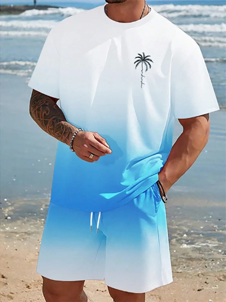Summer Palm Tree Gradient Print Round Neck Short Sleeve Casual Men's T-Shirt Drawstring Shorts Set Holiday Beach Travel Set
