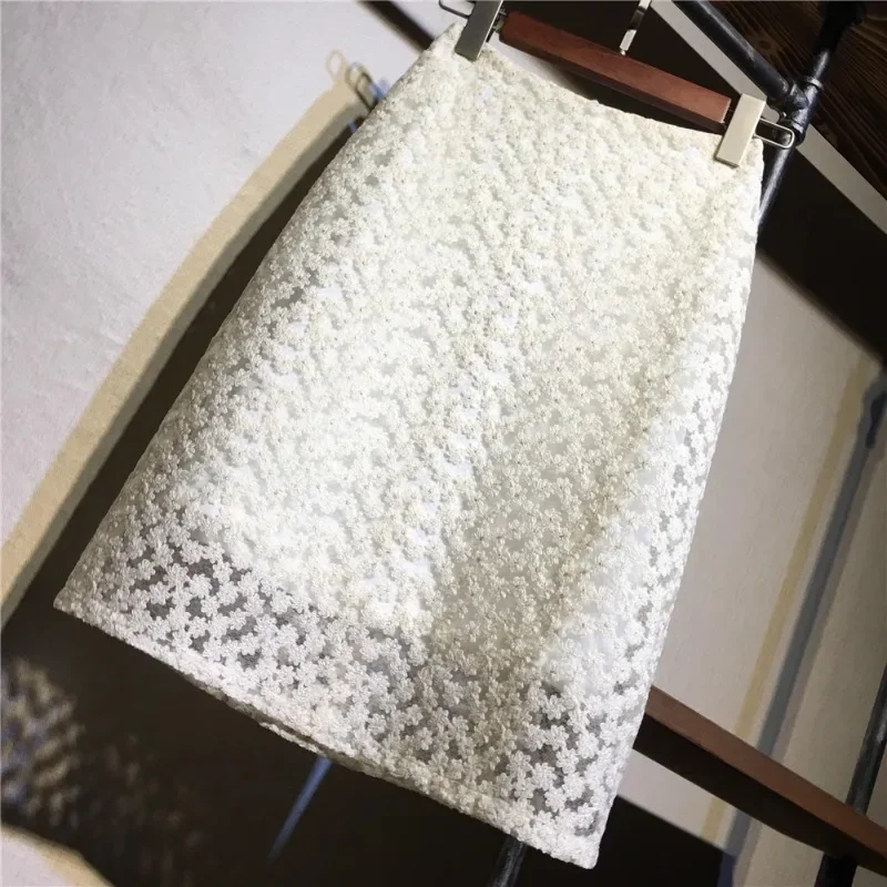 

Ladies Vintage Fashion Summer White Lace Skirts High Waist Pencil Skirts Women Flower Embroidery Bodycon Midi Skirts Jupe Femme