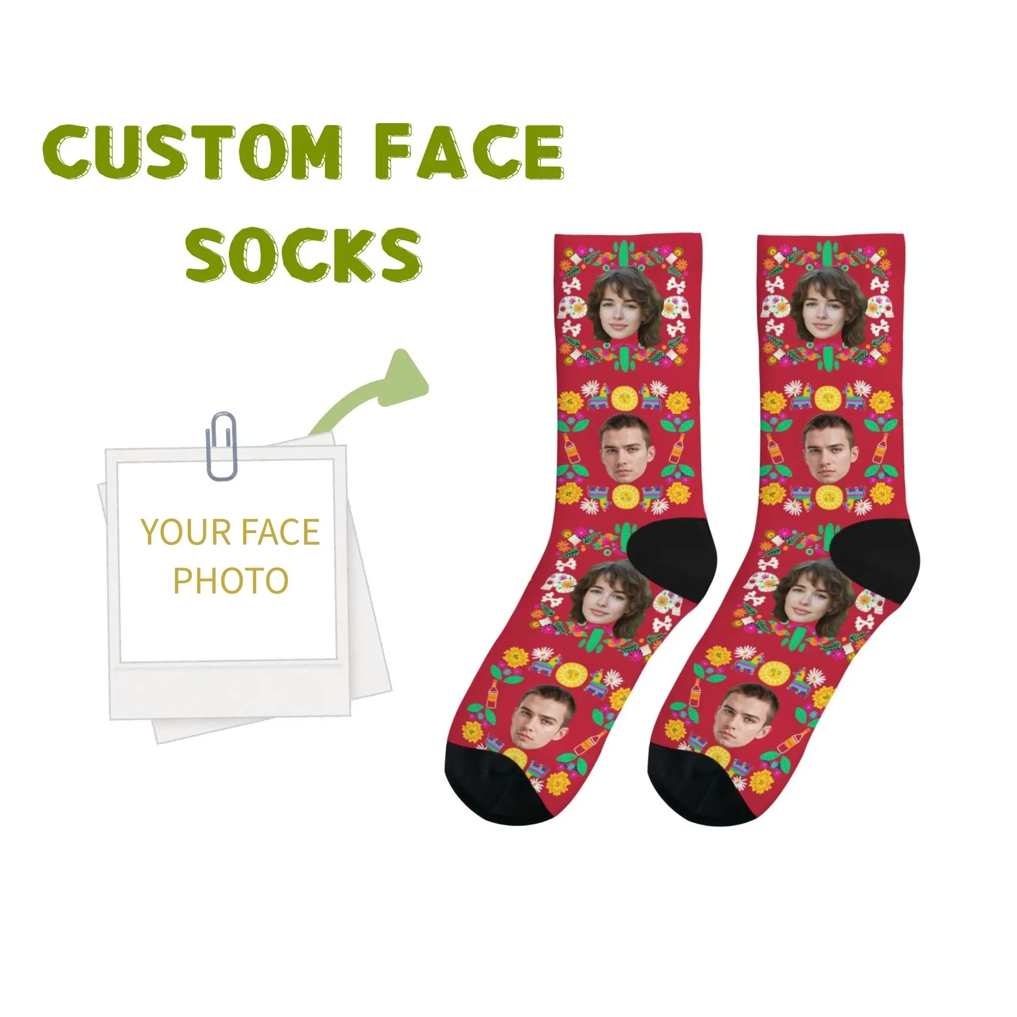 

Personalized Day of The Dead Gift Socks Custom Two People Face & Mexican Skull Cactus Flower on Red Unique Present for Couples