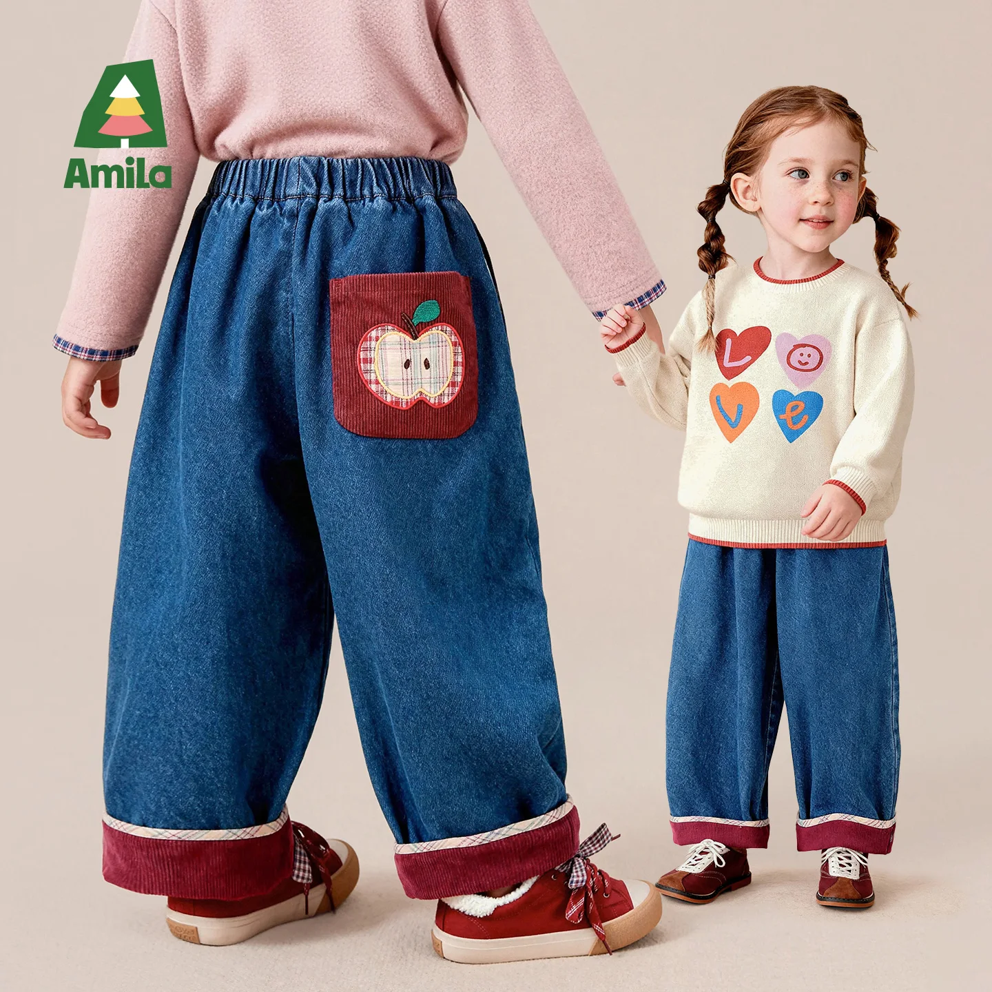 Amila 2026 Autumn New Kids Cuffed Denim Casual Long Pants Vintage Washed Rolled Hem Wide Leg Soft Daily Versatile Pants