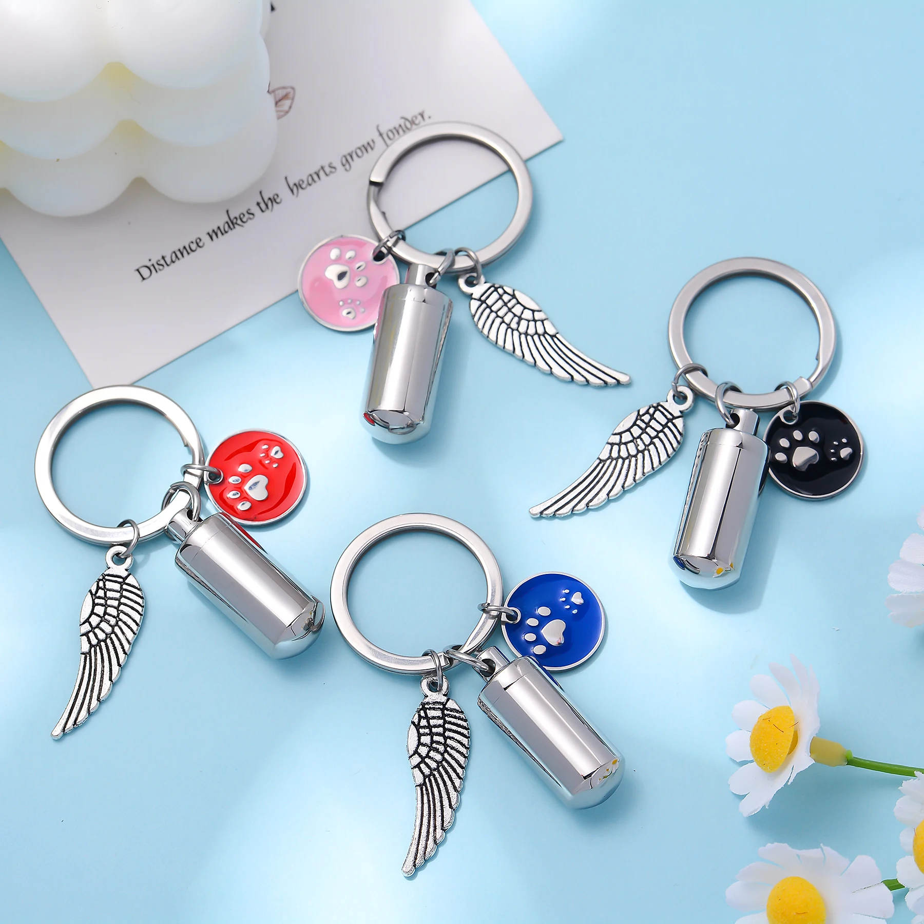 Ashes Pendant Cylind Wings Memory Key chain Personalize Stainless Steel Keychain for Remembrance Dogs and Cats Ashes Jewelry
