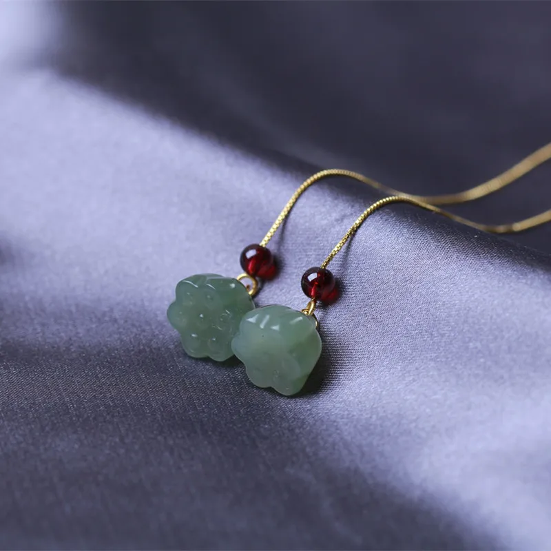 Natural Hetian Jade Small Lotus Pod Ear Threads Pendants Earrings Jewelry with Wine Red Garnet Crystal Beads Gifts view 2