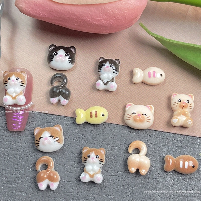 30PCS Cartoon Design 3D Acrylic Nail Art Cat Fish Charm Parts Kawaii Accessories For Nails Decoration Manicure Supplies Material