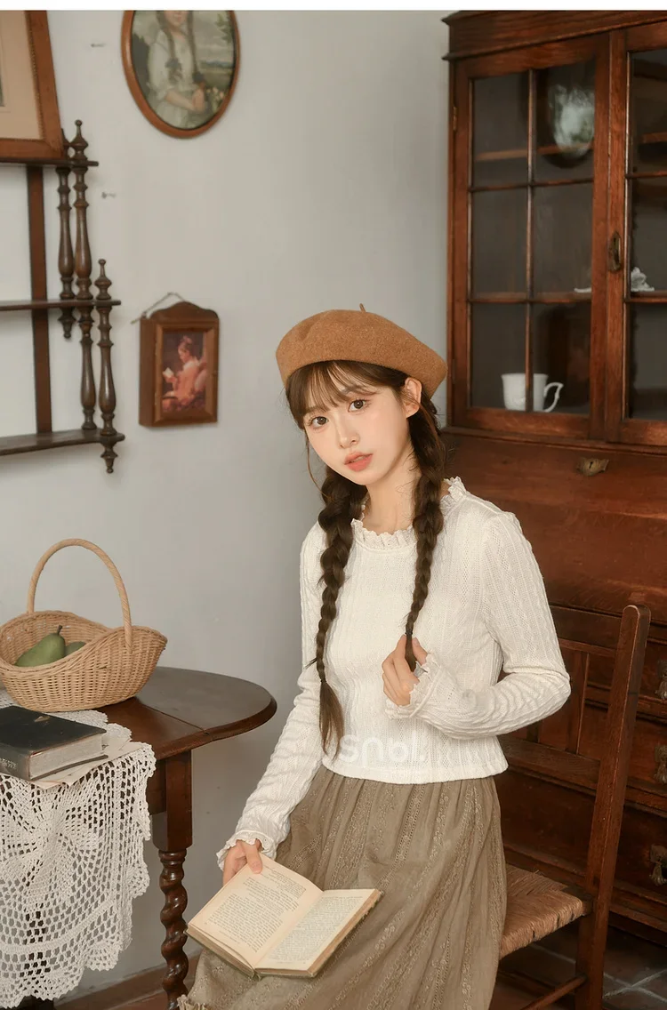 Japanese Sweet Mori Girl Simple Solid Color Inner Shirts Slim Stand Collar Lace Long Sleeve Casual Versatile Top Women Autumn