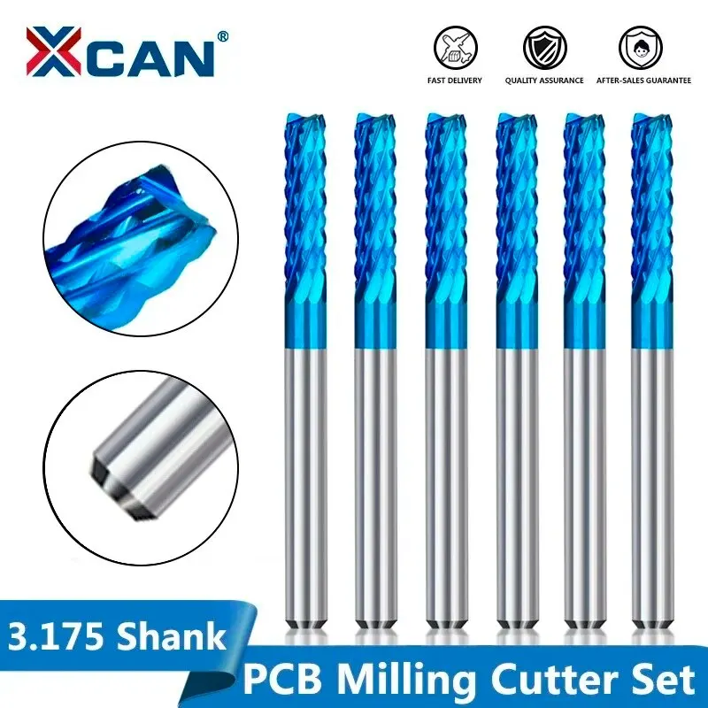 XCAN PCB Milling Cutter 10pcs 3.175 Shank 0.5-3.175mm Nano Blue Coated CNC End Mills Carbide Milling Cutter CNC Router Bit