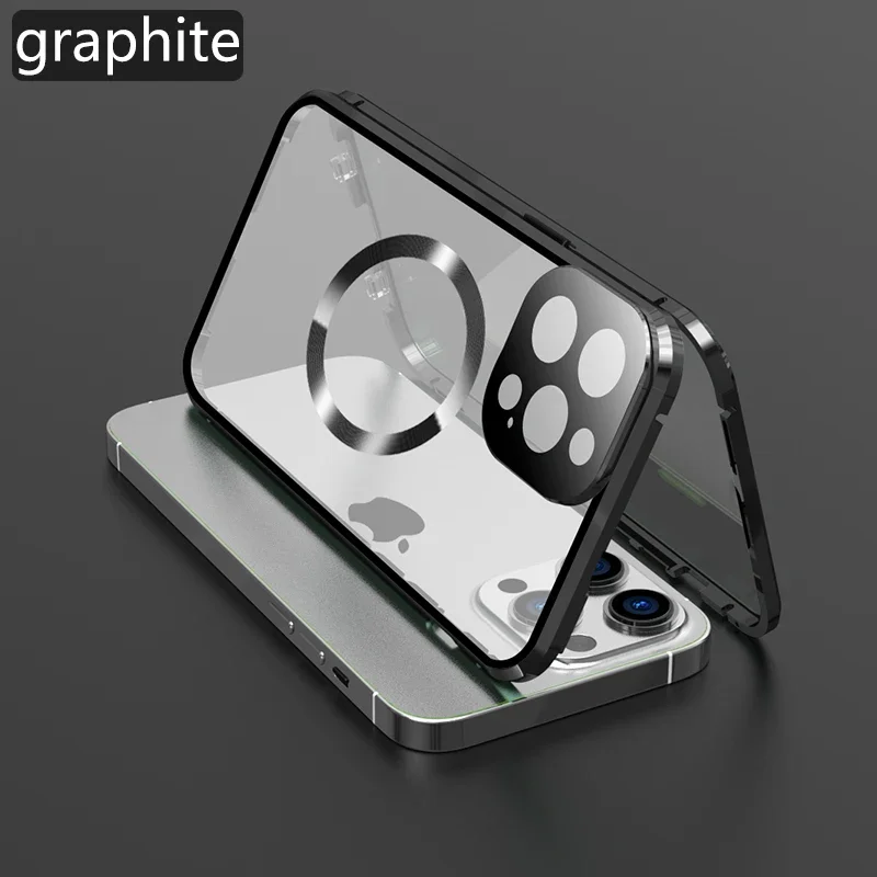 Telefoonhoesje voor iPhone 12 13 14 15 16 Pro Max 16E 360 °   met lens volledige bescherming magnetisch metalen frame + dubbelzijdige glazen afdekking
