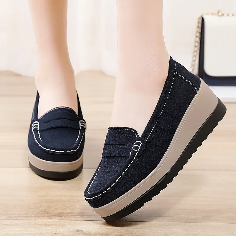 2024 Women Platform Wedge Loafers Autumn Ladies Suede Leather Moccasins Shoes Woman Slip on Walking Casual Shoes Zapatos Mujer