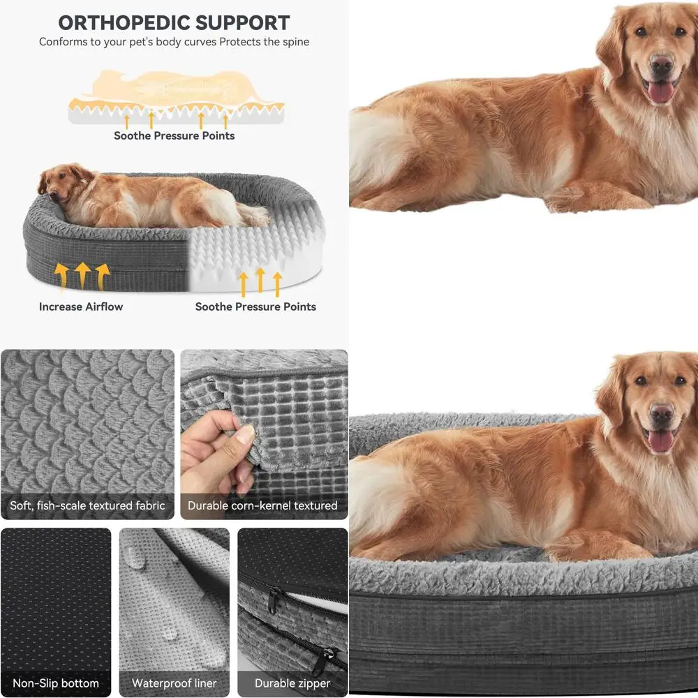 

Большая ортопедическая кровать для собак с пеной с эффектом памяти, водонепроницаемым съемным чехлом и нескользящим основанием - серый