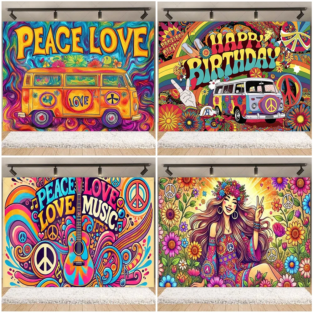 Bohemian Style Theme Birthday Backdrop Colorful Hippie Bus Party Decorations Tie Dye Peace And Love Vinyl Backdrop Party Gifts