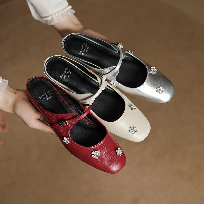 2026 spring summer women sandals natural leather 22-25cm cowhide+pigskin round toe rhinestone buckle mules women shoes slippers
