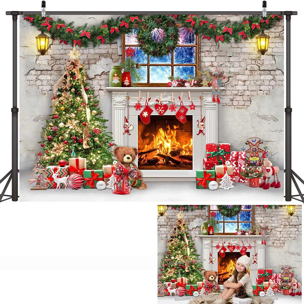 الشتاء عيد الميلاد التصوير خلفية الرجعية الموقد نافذة شجرة عيد الميلاد الخشب الباب هدية خلفية الأسرة صورة استوديو الصور