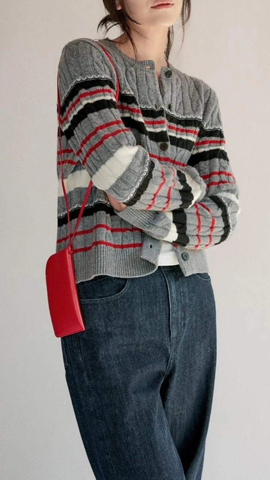 New 100%Merino Wool Cardigan for Women O-Collar Knitted Stripe Collision Color Sweater Autumn Winter Casual Comfortable Warm Top