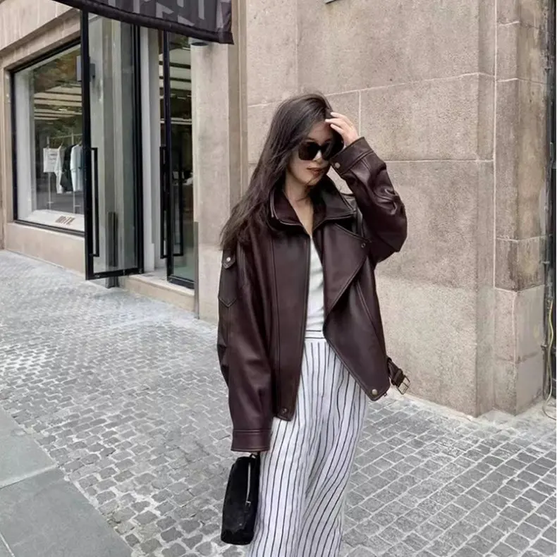 Spring Autumn Oversized Pu Leather Jacket Women Long Sleeve Zip Up Luxury Designer Retro Clothing Chic Street Locomotive Outwear