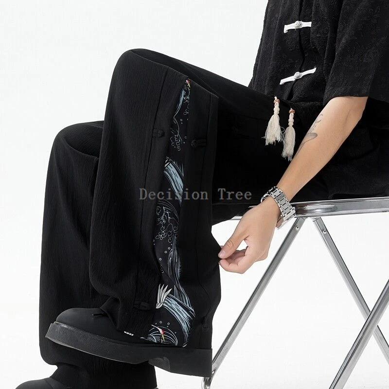 Plue Size Chinese-style Buckle Split Pants Summer Men Spliced Ice Silk Pant Wushu Drawstring Waist Pants Vintage Casual Trousers