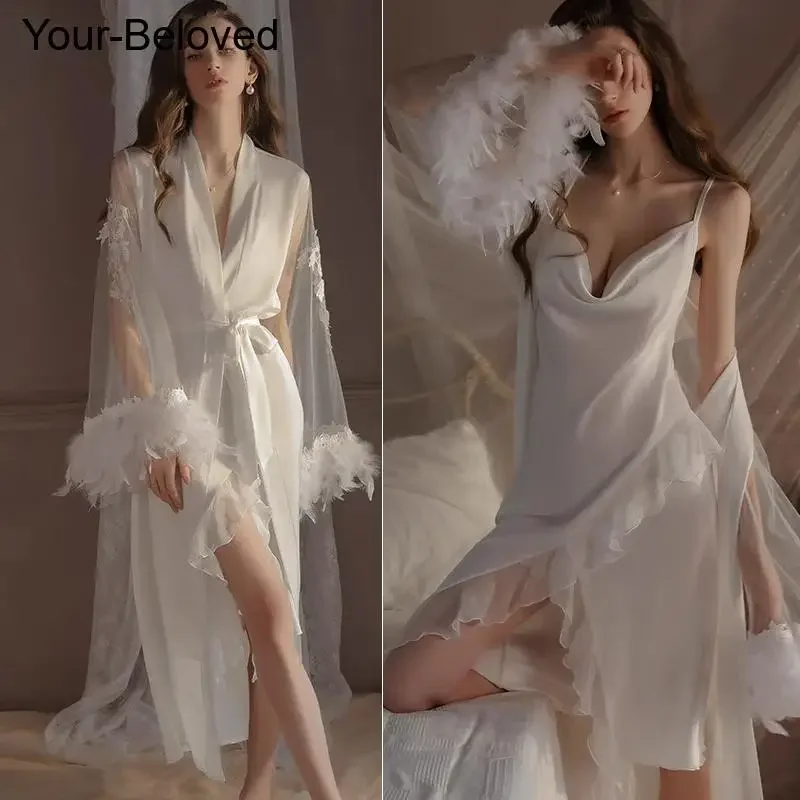 

Халат с большими рукавами и перьями, женское свадебное платье, роскошная ночная рубашка, атласный халат, комплект, ночная рубашка с рюшами, сорочка, одежда для сна