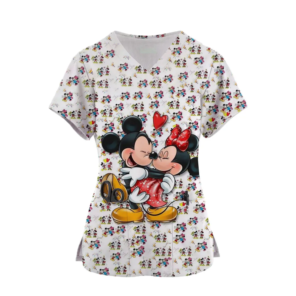 T Shirts Minnie Mouse T-shirts V Neck Woman Clothes Hospital Tops Disney Top Women 2024 Nurse Uniform T-shirt Pocket Summer Tees