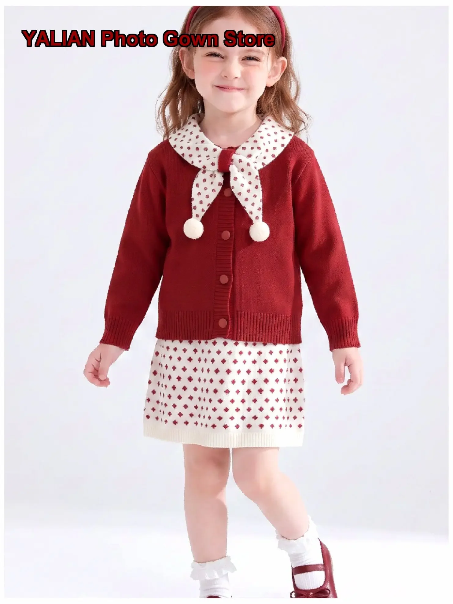 Girls College Style Cardigan Autumn Knit Cardigan Bowknot Skirt Set Kids