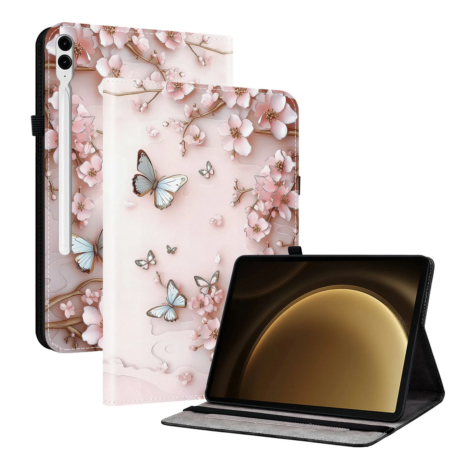 

Leather Case For Samsung Galaxy Tab S10+ / S9 FE+ / S9+ Pattern Printed Stand Tablet Cover with Card Slots - Pink Butterfly