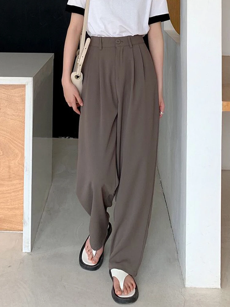 Zoki High Waist Women Suit Pants Straight Black Korean Office Ladies Trousers Fashion Button Loose Spring Female Pants New