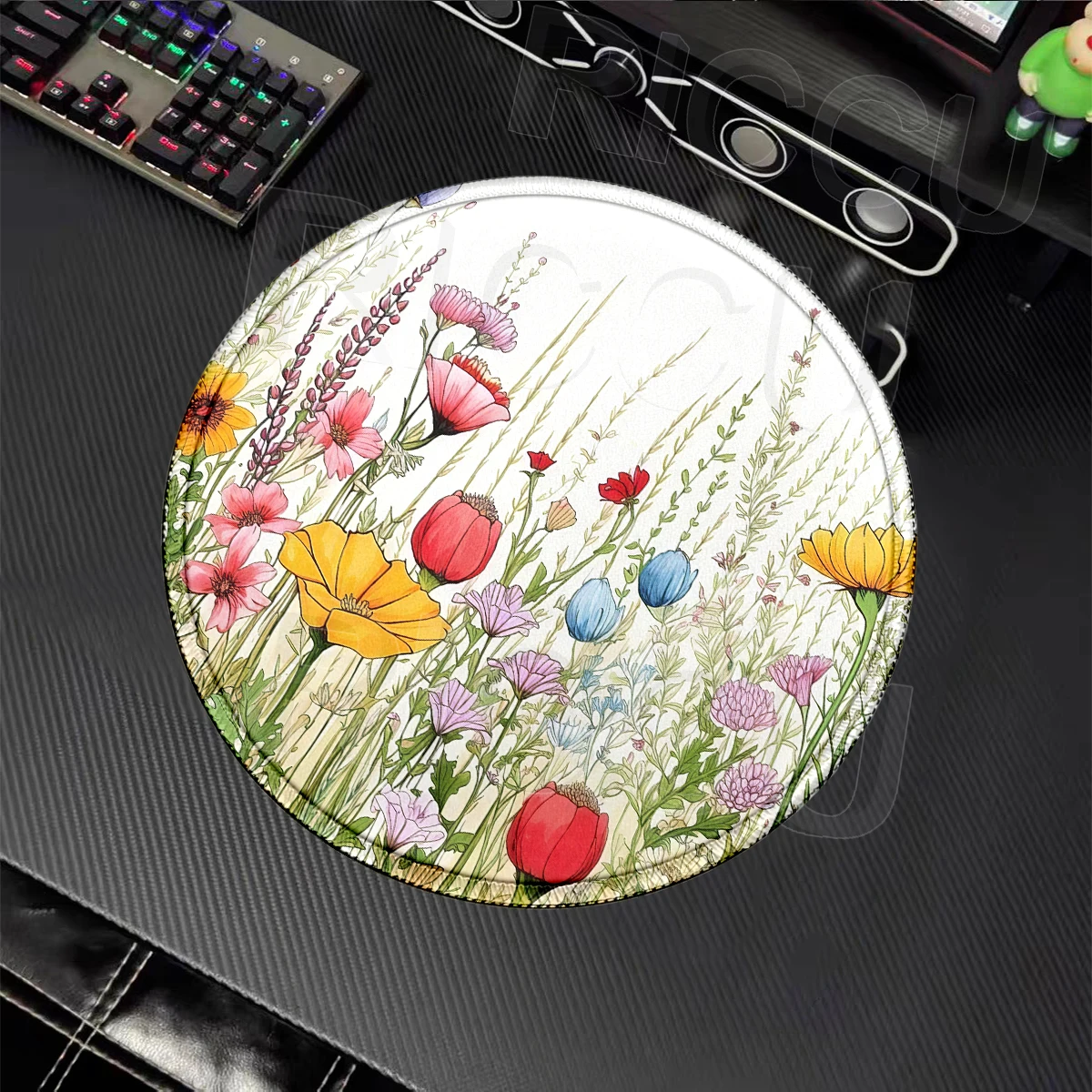 Flower Art Green Plants Mouse Pad Cute Daisy Mousepad PC Cabinet Mousemat Round Rubber Pad Office Accessories PC Cabinet Deskmat