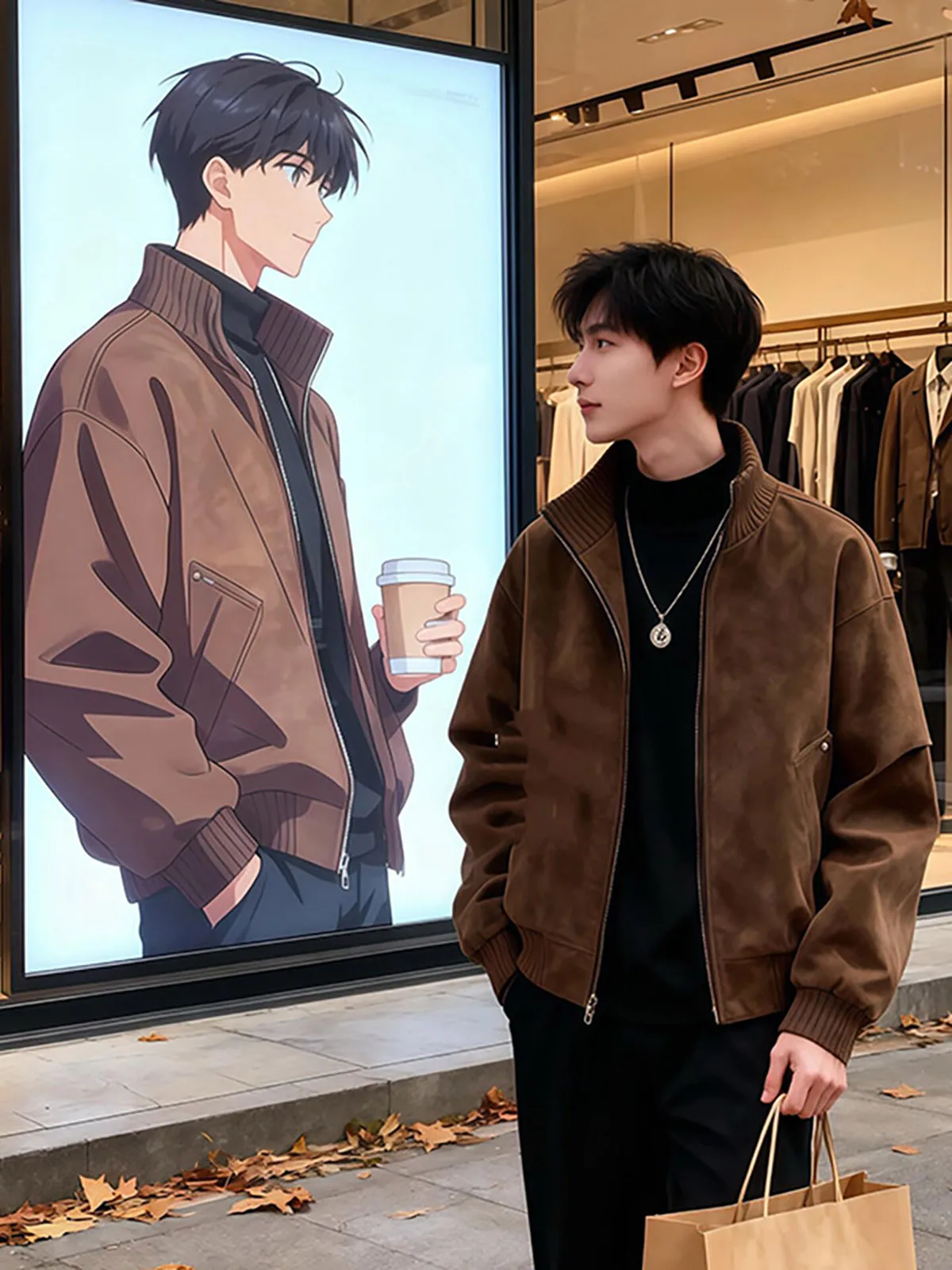 Brown Flight Workwear Jacket Men's American Mermaid Shape Stand Collar Dyed Leather Baseball Sport Coat Loose Fit Youth Trend