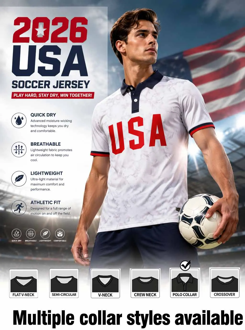 2026 American Football Polo jersey eye-catching red USA letter print sweat wicking lightweight sports fabric