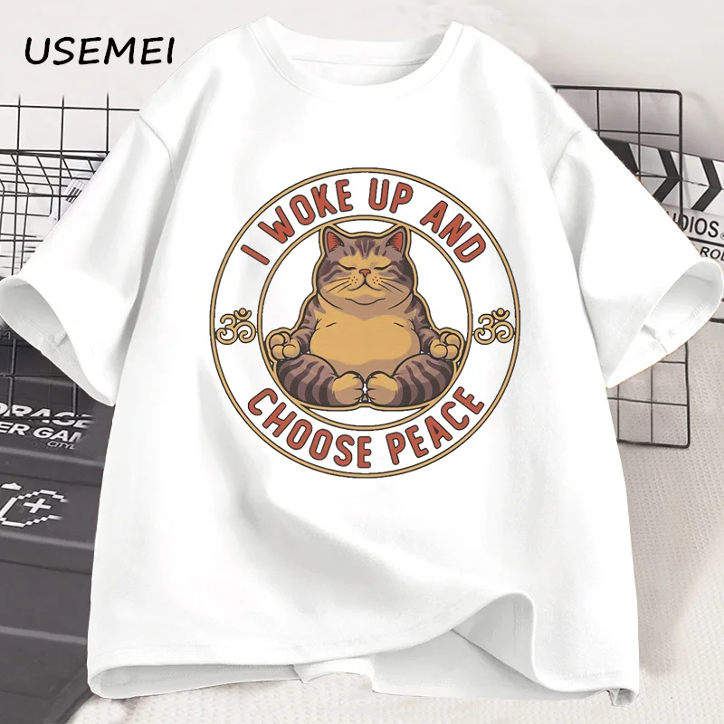 I Woke Up and Choose Peace Printed T-shirt Yoga Cat Unisex Cotton Tee Shirt Unisex Harajuku Round Neck Man Clothes Streetwear