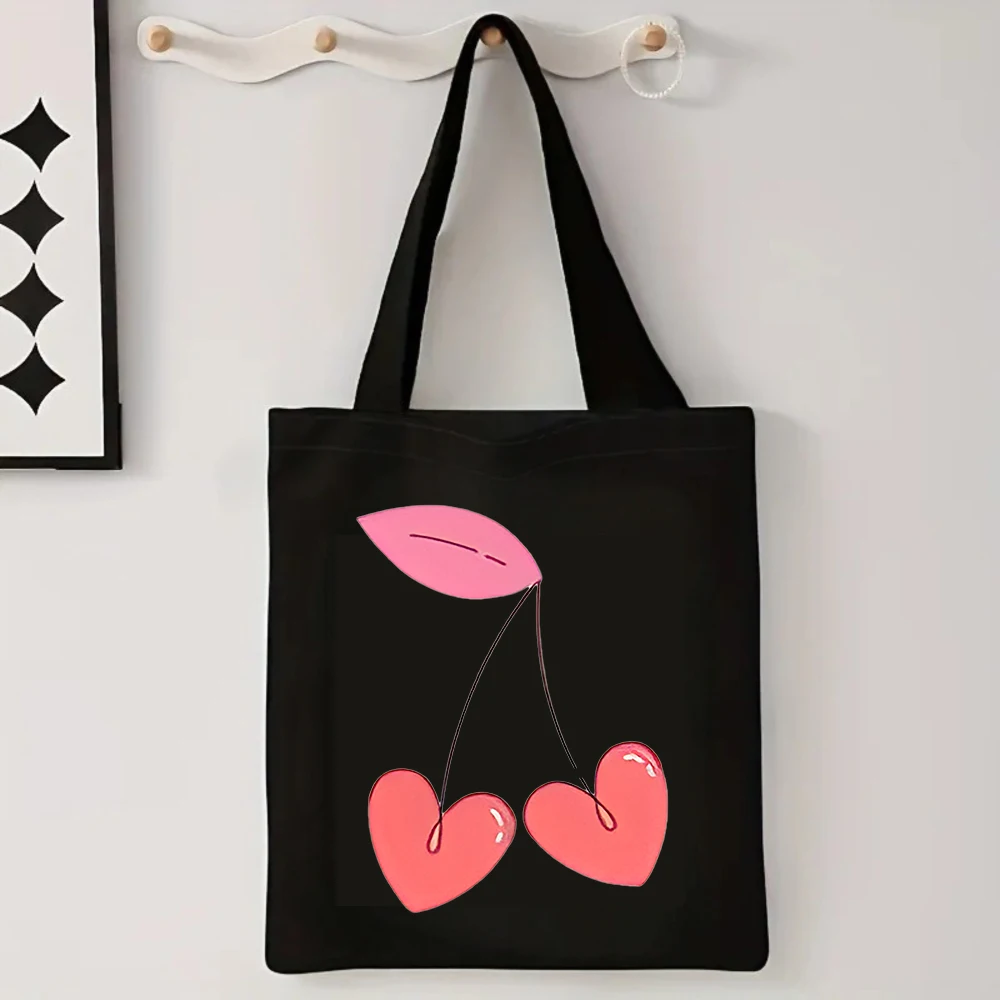 Heart Shaped Cherry Canvas Tote Bag Cute Daily Shoulder Bag