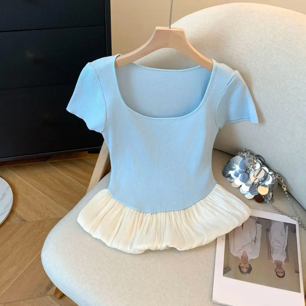 Ins Style Short Sleeve Summer Knitted T-Shirt Slim Fit Patchwork Sweet Crop Tops U-neck Korean Style Mesh Ruffle T-Shirt Girls
