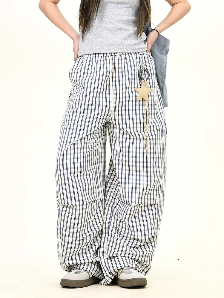 Summer New Women's Casual Pants Pleated Lazy Long Trousers Floor-Length American Trendy Brand Checked Pattern Street Style