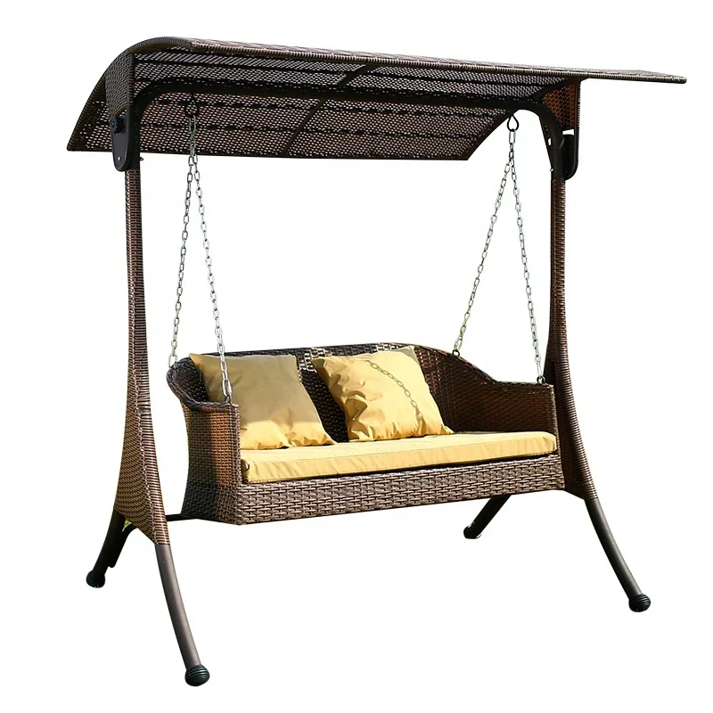 High Quality Garden Rattan Canopy Swing Set Beach Metal Patio Wrought Iron Patio+Swings 2 Seats Swing Chair