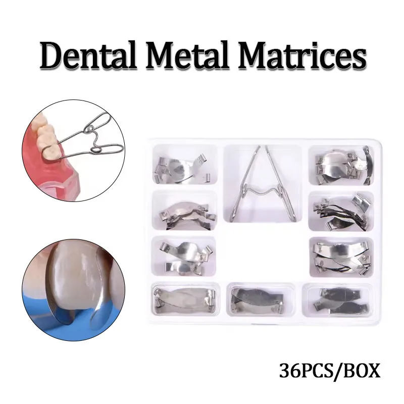 36Pcs Dental Metal Matrices Saddle Contoured Matrix Universal Kit Delta Ring Clamp Spring Clipse